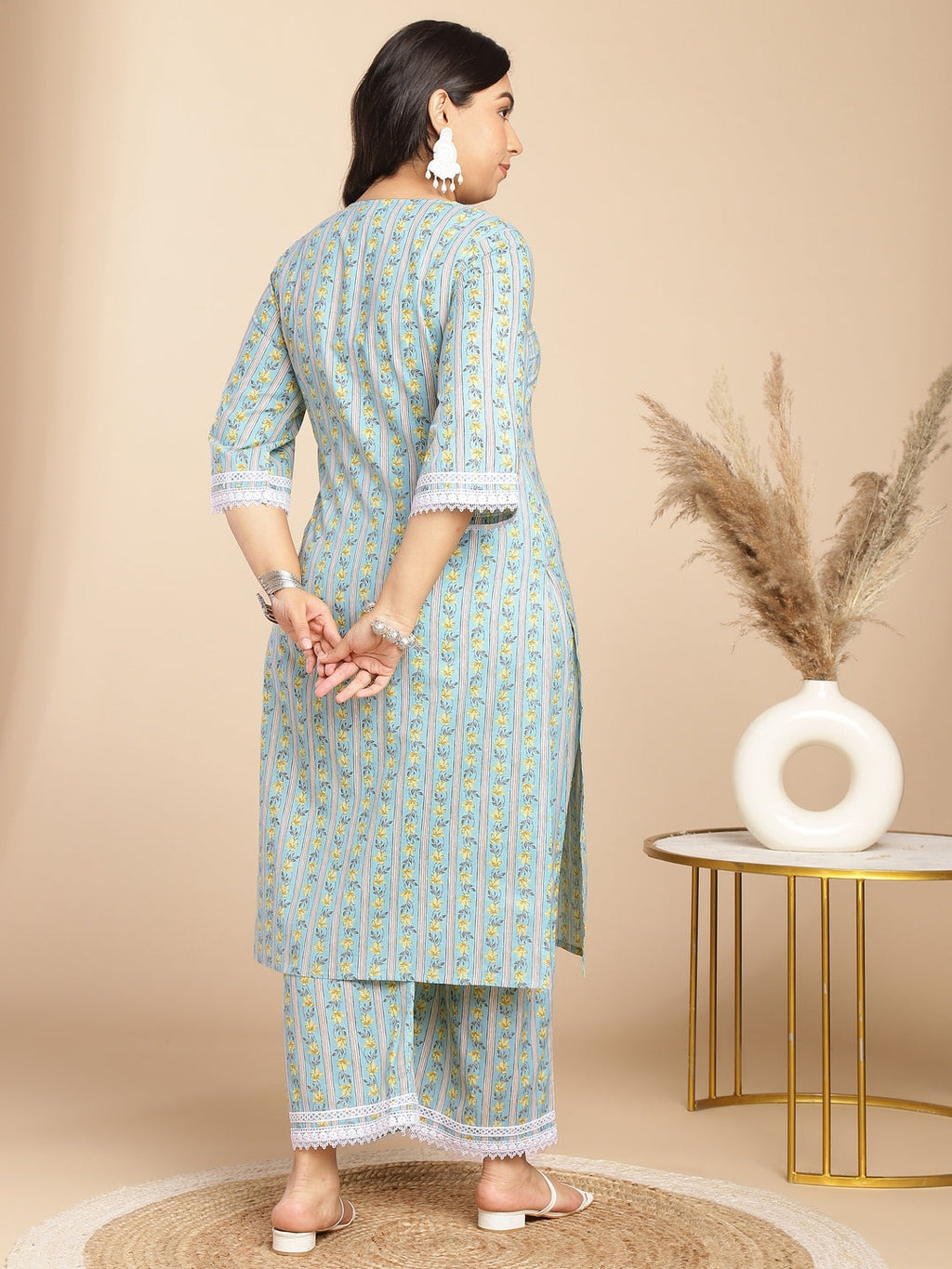 Janasya Regular Cotton Cambric Light Blue Floral Notch Neck Kurta Set | Grocsy