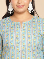 Janasya Regular Cotton Cambric Light Blue Floral Notch Neck Kurta Set | Grocsy