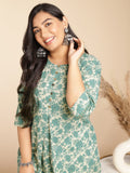 Janasya A-Line Cambric Sage Floral Round Neck Tunic | Grocsy