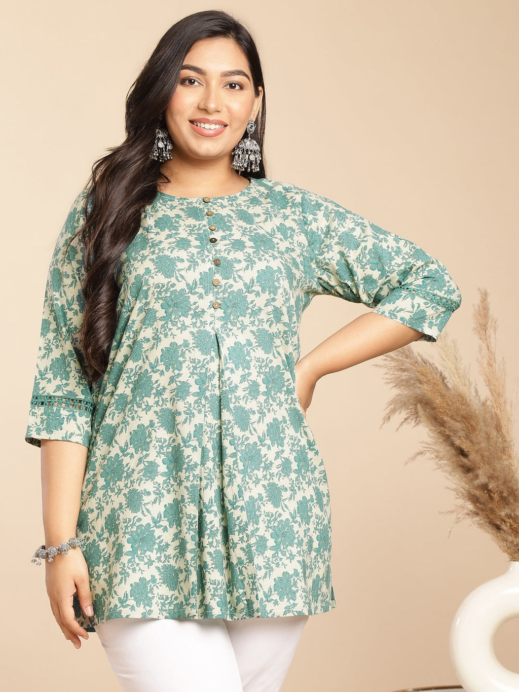 Janasya A-Line Cambric Sage Floral Round Neck Tunic | Grocsy