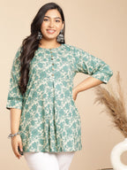 Janasya A-Line Cambric Sage Floral Round Neck Tunic | Grocsy