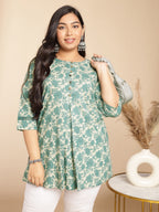 Janasya A-Line Cambric Sage Floral Round Neck Tunic | Grocsy