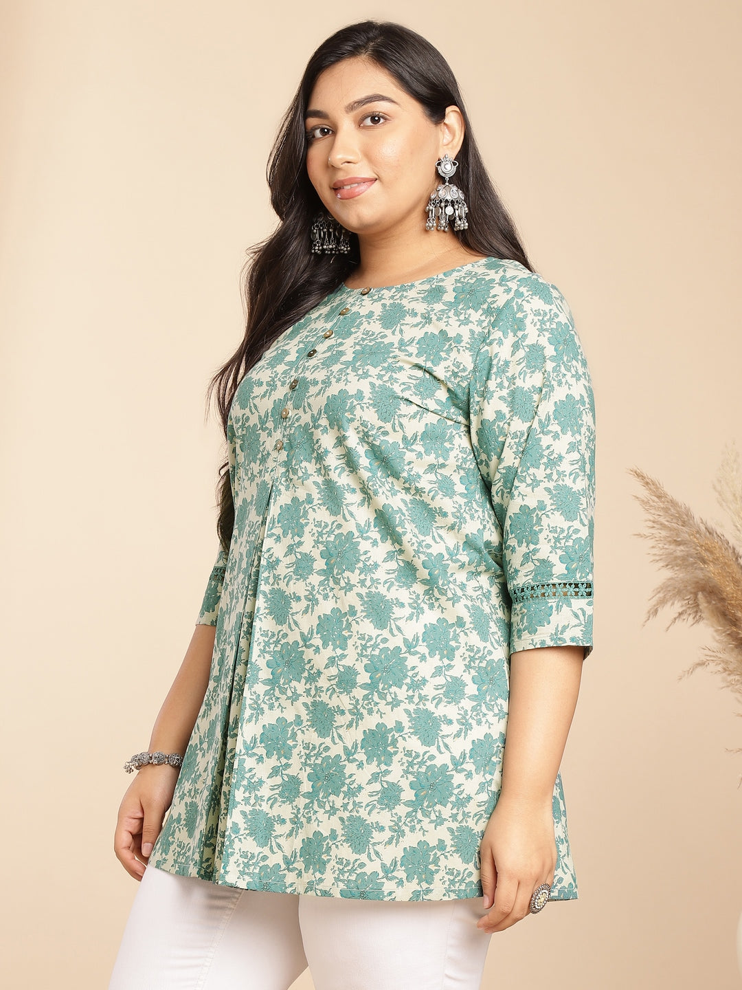 Janasya A-Line Cambric Sage Floral Round Neck Tunic | Grocsy