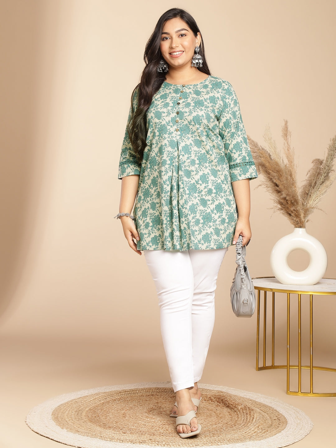 Janasya A-Line Cambric Sage Floral Round Neck Tunic | Grocsy