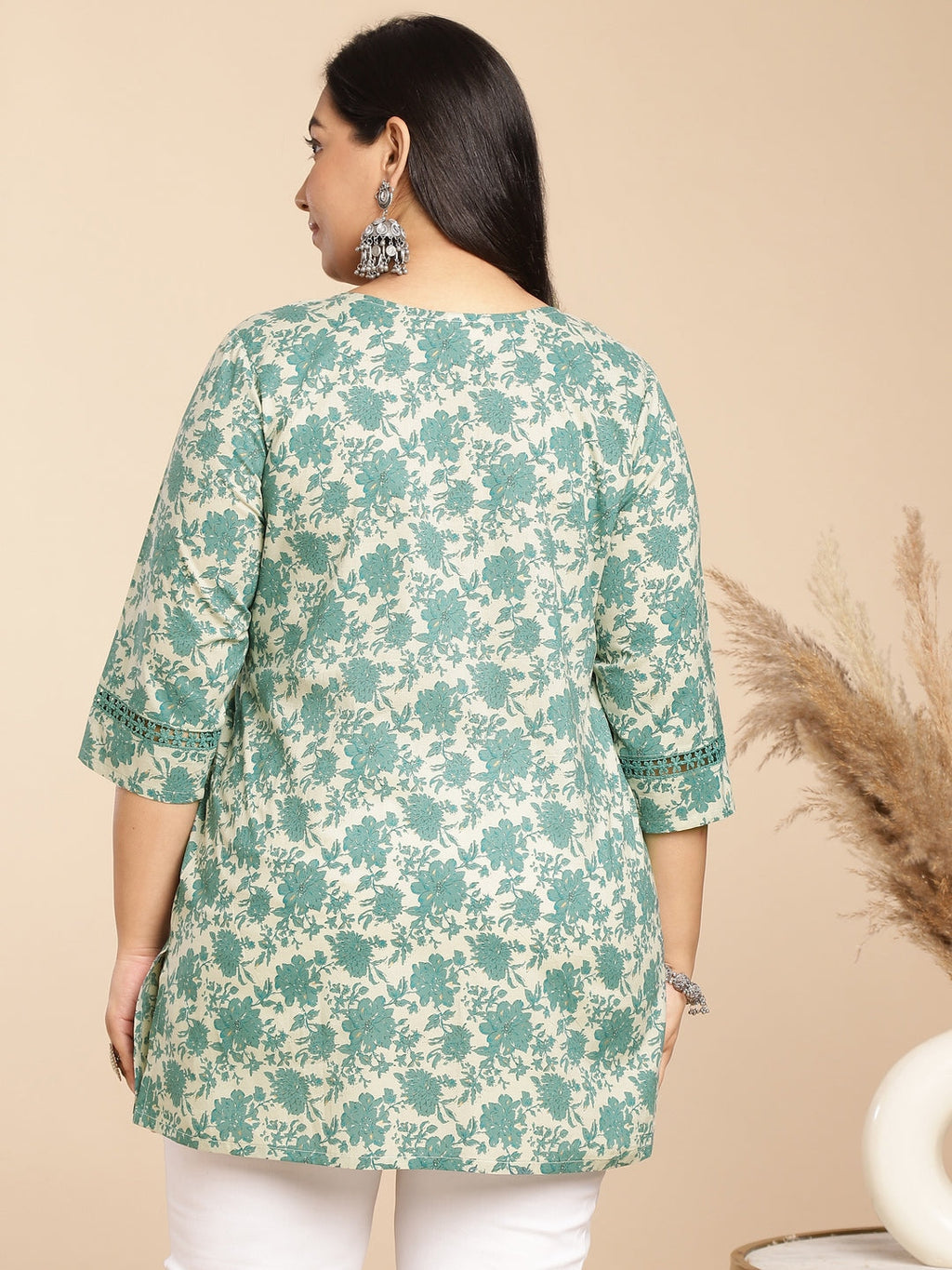 Janasya A-Line Cambric Sage Floral Round Neck Tunic | Grocsy