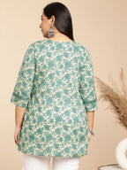 Janasya A-Line Cambric Sage Floral Round Neck Tunic | Grocsy