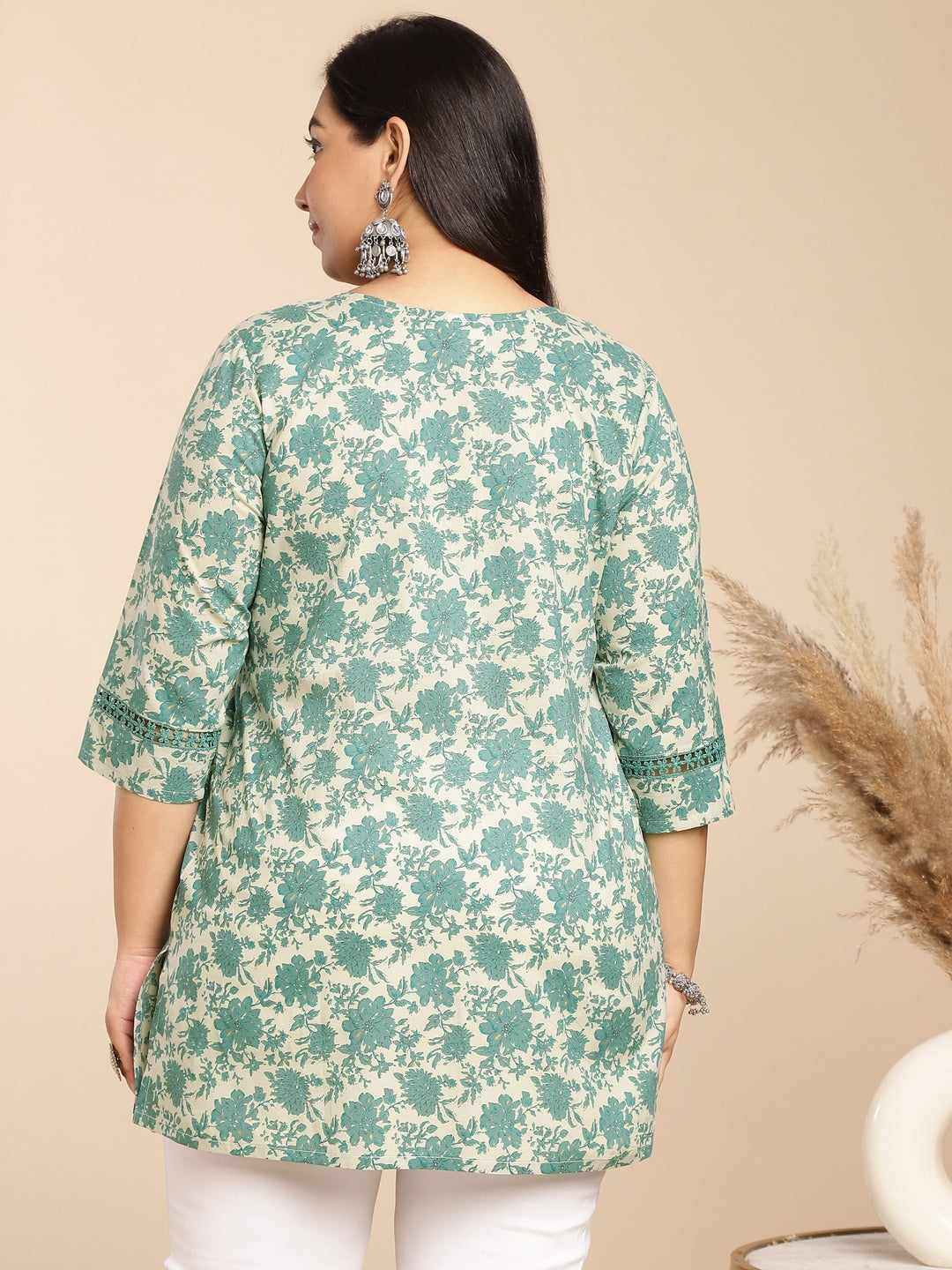 Janasya A-Line Cambric Sage Floral Round Neck Tunic | Grocsy