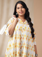 Janasya Pleated Cambric Off White Ikkat Notch Neck Tunic | Grocsy