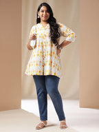 Janasya Pleated Cambric Off White Ikkat Notch Neck Tunic | Grocsy
