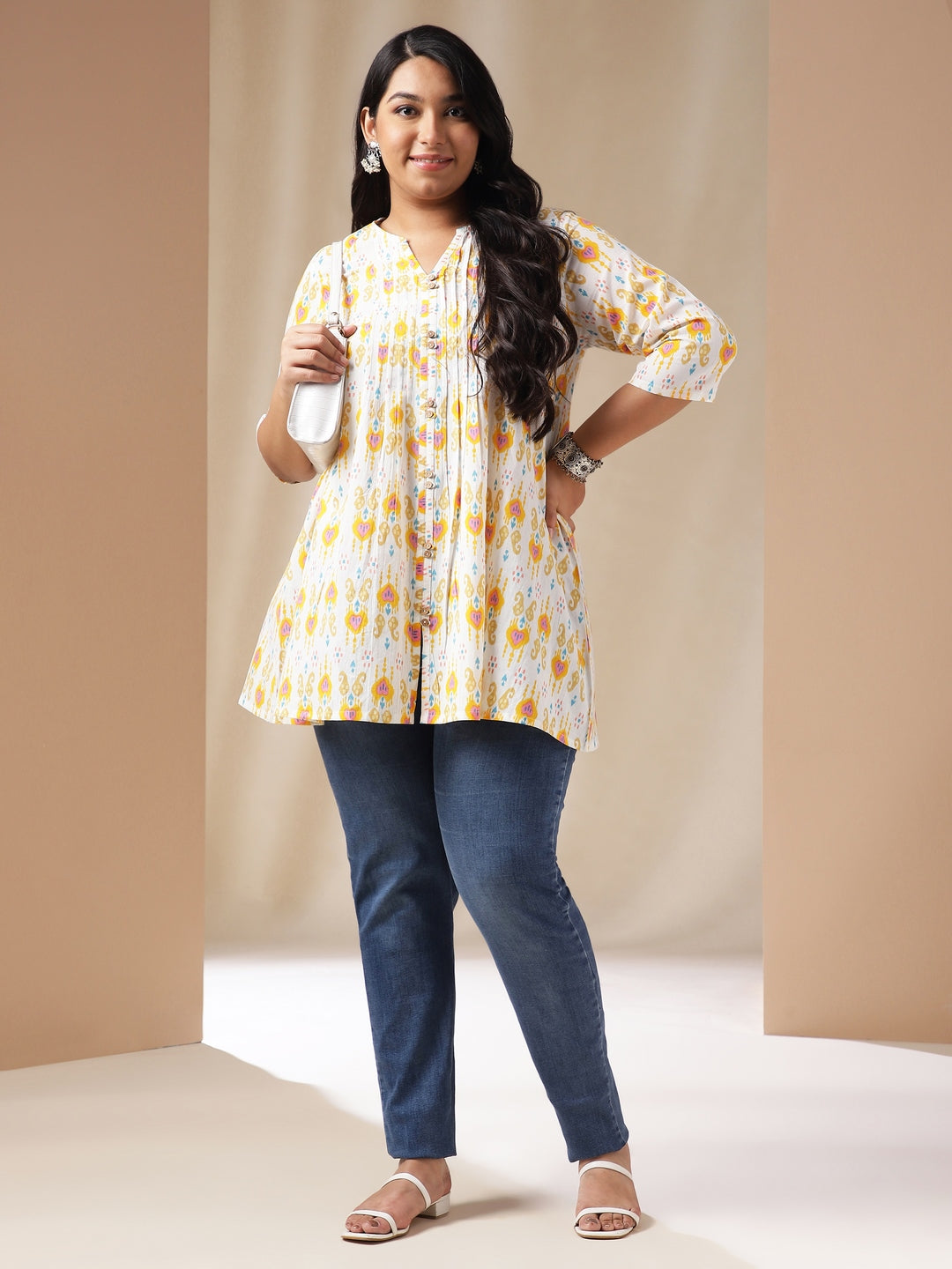 Janasya Pleated Cambric Off White Ikkat Notch Neck Tunic | Grocsy