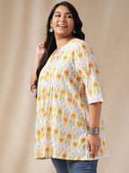 Janasya Pleated Cambric Off White Ikkat Notch Neck Tunic | Grocsy