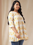 Janasya Pleated Cambric Off White Ikkat Notch Neck Tunic | Grocsy