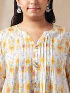Janasya Pleated Cambric Off White Ikkat Notch Neck Tunic | Grocsy