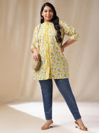 Janasya A-Line Cambric Off White Floral Band Collar Tunic | Grocsy