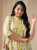 Janasya A-Line Cambric Off White Floral Band Collar Tunic | Grocsy