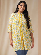 Janasya A-Line Cambric Off White Floral Band Collar Tunic | Grocsy