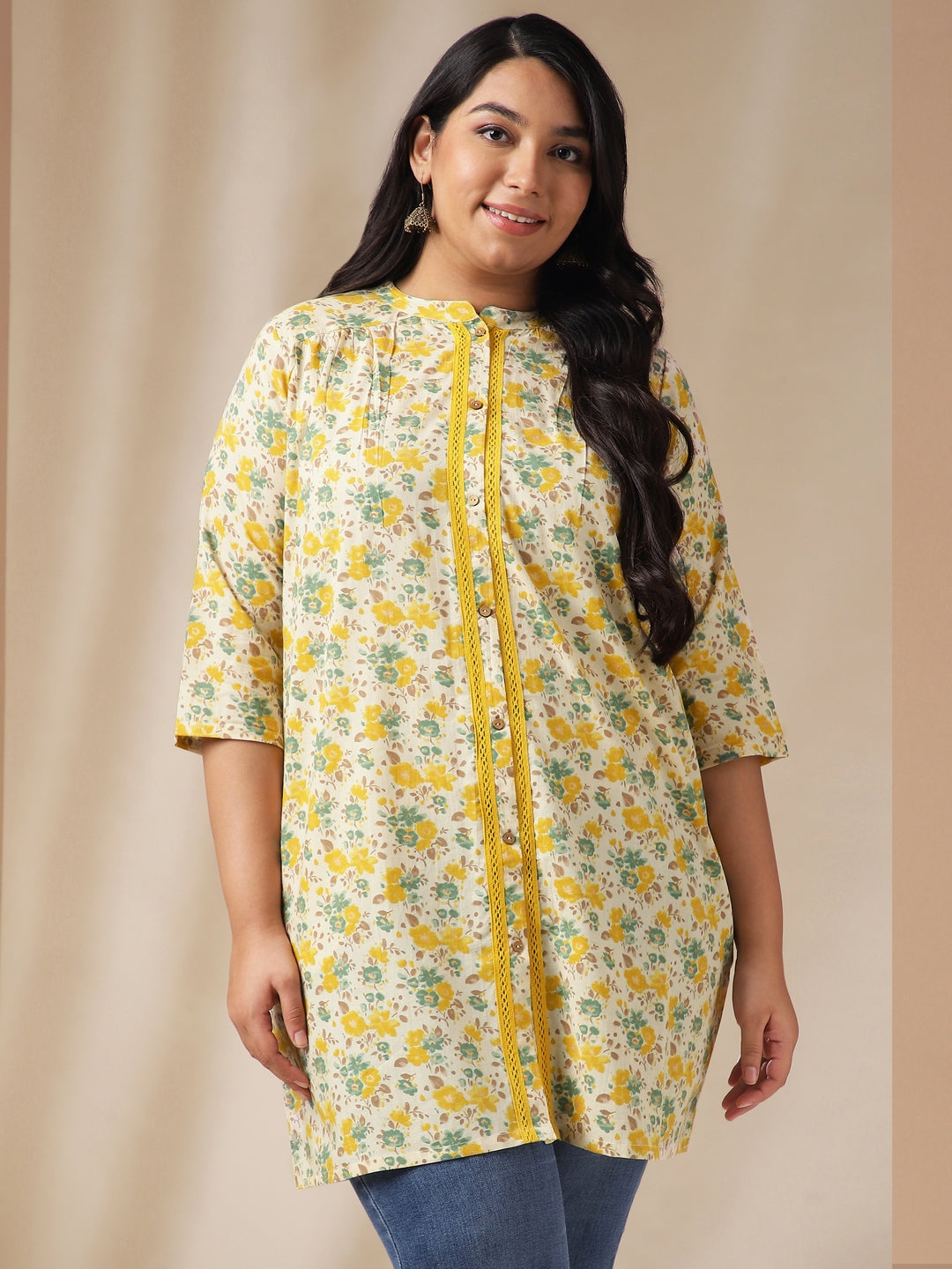Janasya A-Line Cambric Off White Floral Band Collar Tunic | Grocsy
