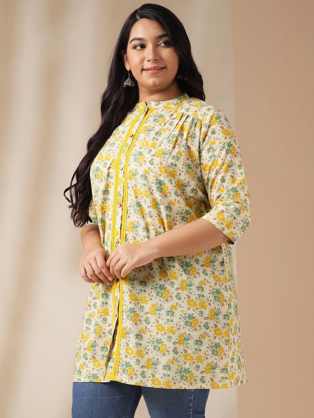 Janasya A-Line Cambric Off White Floral Band Collar Tunic | Grocsy