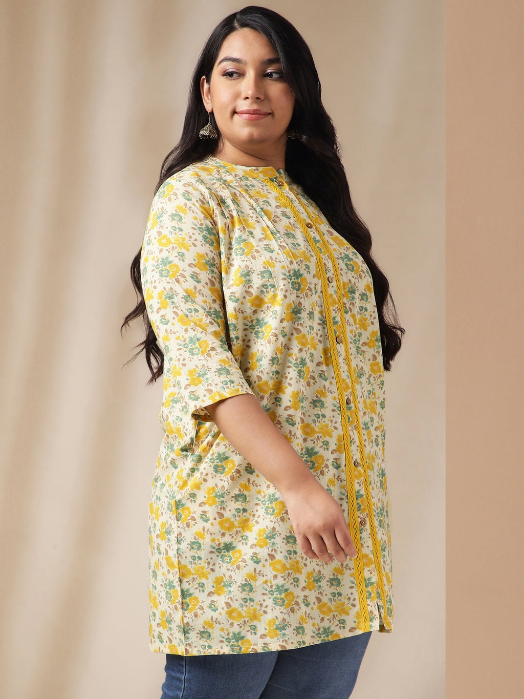 Janasya A-Line Cambric Off White Floral Band Collar Tunic | Grocsy