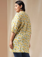 Janasya A-Line Cambric Off White Floral Band Collar Tunic | Grocsy