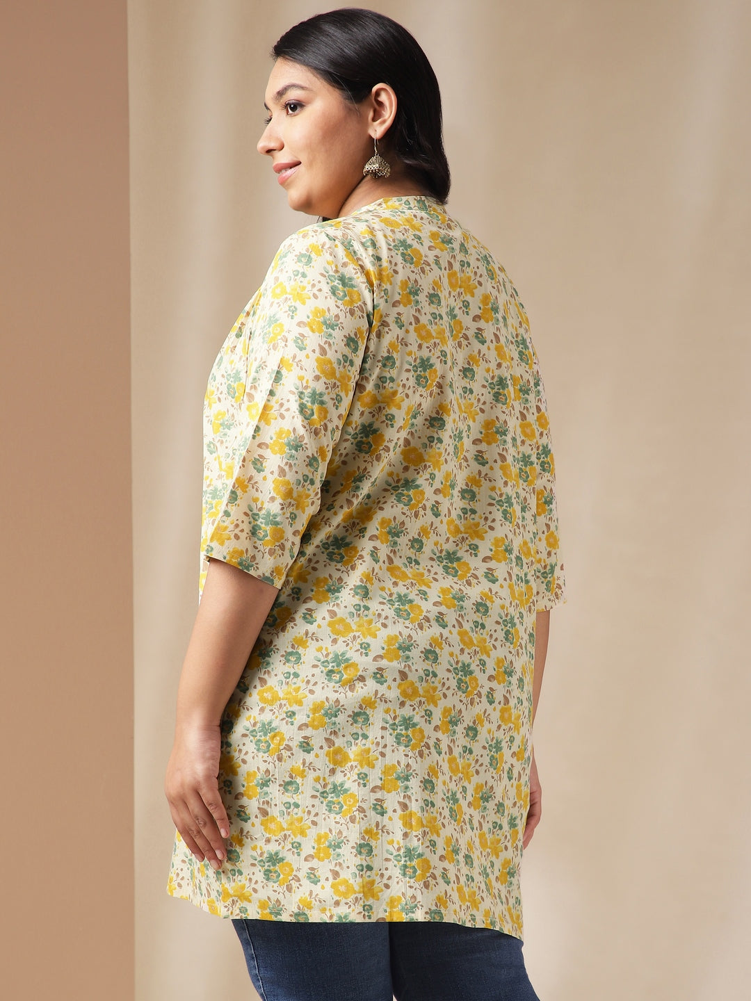 Janasya A-Line Cambric Off White Floral Band Collar Tunic | Grocsy