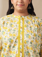 Janasya A-Line Cambric Off White Floral Band Collar Tunic | Grocsy