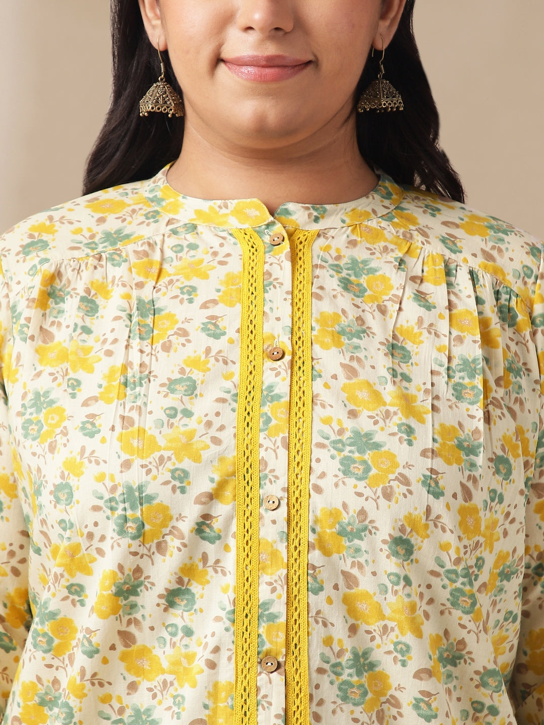 Janasya A-Line Cambric Off White Floral Band Collar Tunic | Grocsy