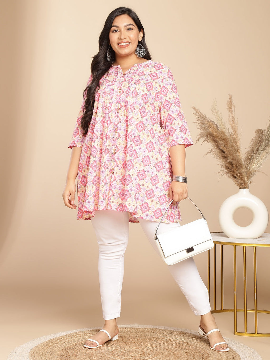 Janasya Pleated Cambric Pink Ikkat Notch Neck Tunic | Grocsy