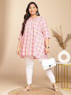 Janasya Pleated Cambric Pink Ikkat Notch Neck Tunic | Grocsy