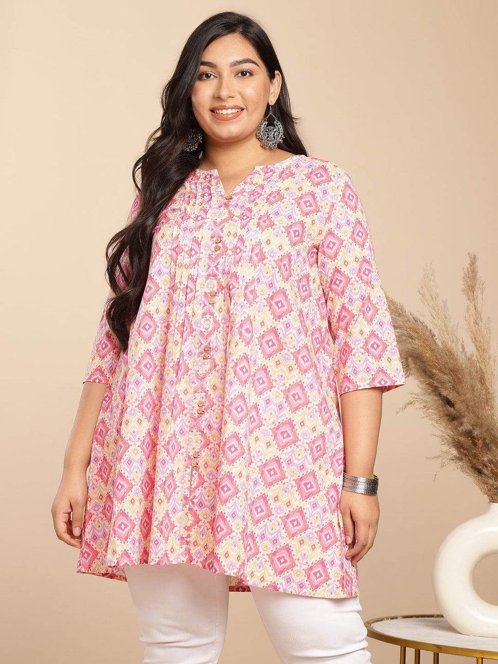 Janasya Pleated Cambric Pink Ikkat Notch Neck Tunic | Grocsy