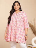 Janasya Pleated Cambric Pink Ikkat Notch Neck Tunic | Grocsy