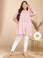 Janasya Pleated Cambric Pink Ikkat Notch Neck Tunic | Grocsy