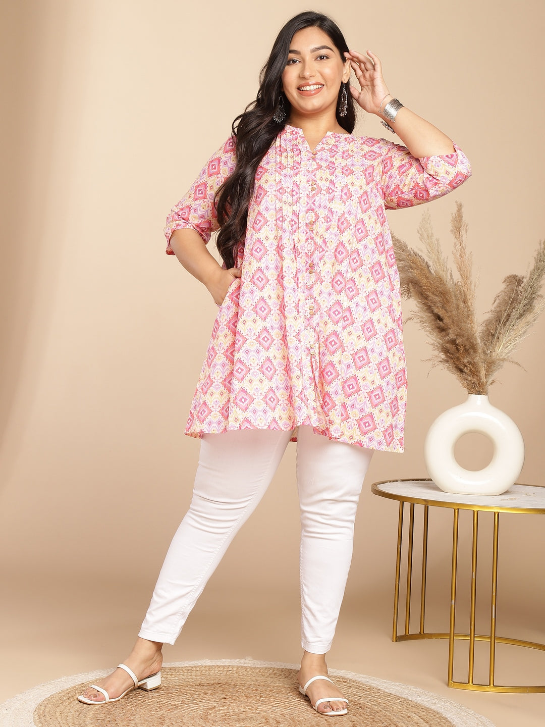 Janasya Pleated Cambric Pink Ikkat Notch Neck Tunic | Grocsy