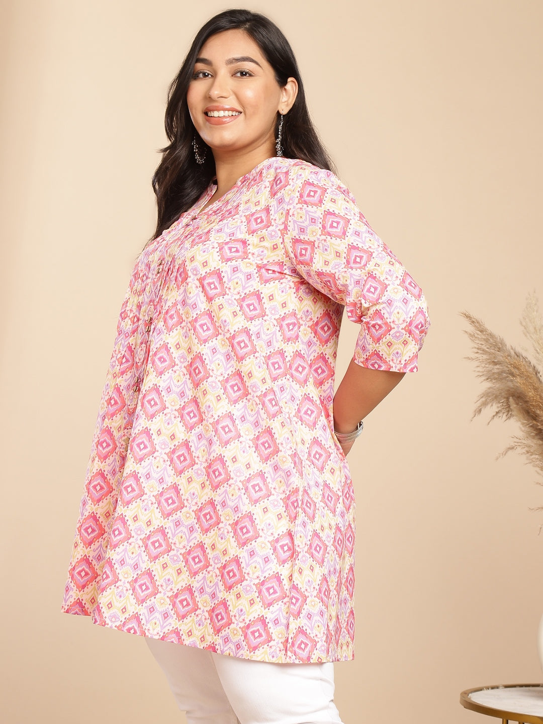 Janasya Pleated Cambric Pink Ikkat Notch Neck Tunic | Grocsy