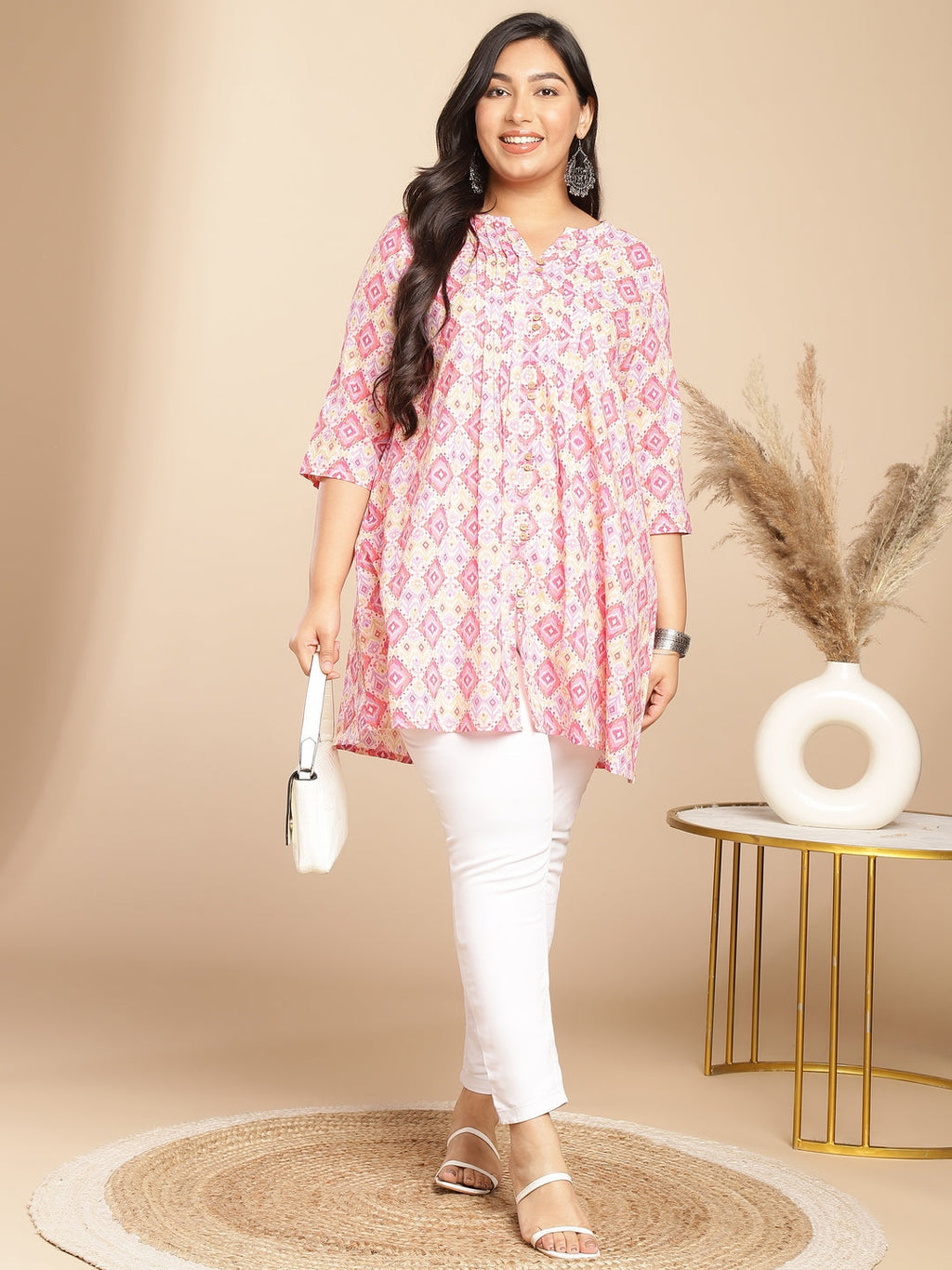 Janasya Pleated Cambric Pink Ikkat Notch Neck Tunic | Grocsy