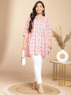 Janasya Pleated Cambric Pink Ikkat Notch Neck Tunic | Grocsy