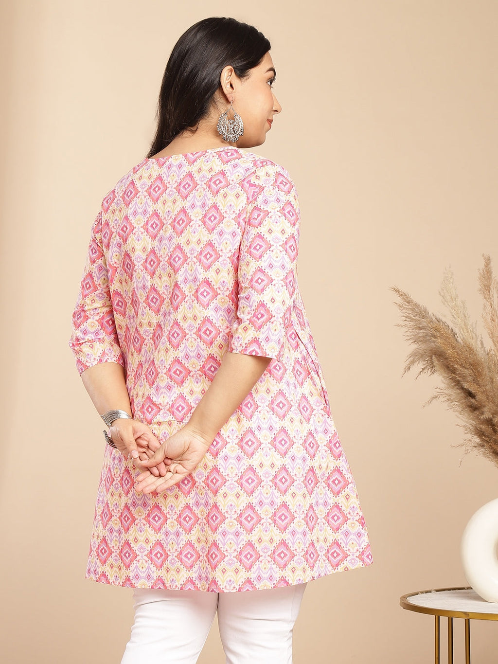 Janasya Pleated Cambric Pink Ikkat Notch Neck Tunic | Grocsy