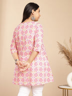 Janasya Pleated Cambric Pink Ikkat Notch Neck Tunic | Grocsy