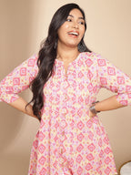 Janasya Pleated Cambric Pink Ikkat Notch Neck Tunic | Grocsy