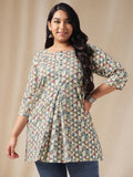 Janasya Regular Cambric Off White Gemometric Round Neck Tunic | Grocsy