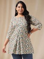 Janasya Regular Cambric Off White Gemometric Round Neck Tunic | Grocsy