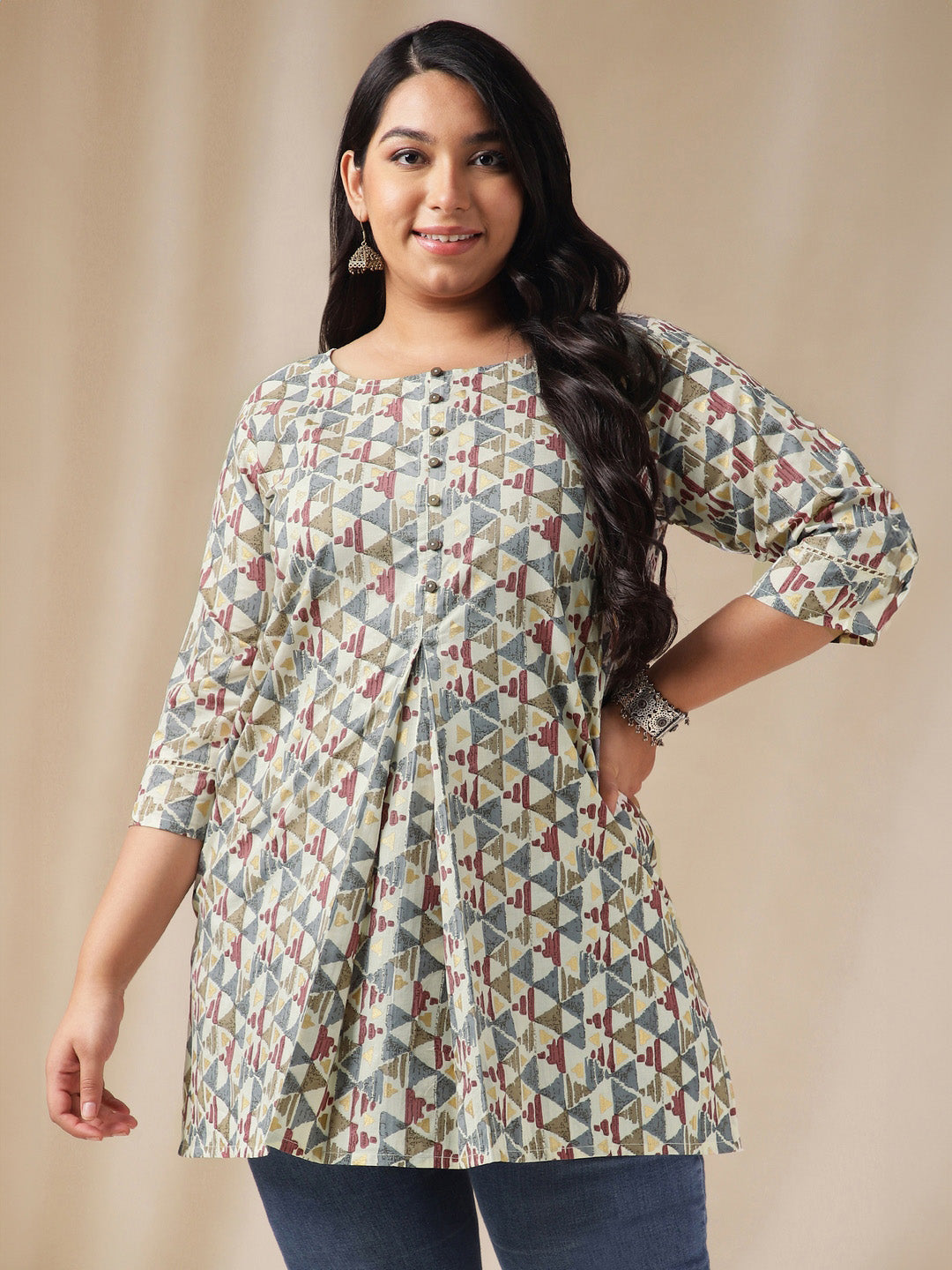 Janasya Regular Cambric Off White Gemometric Round Neck Tunic | Grocsy