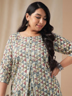 Janasya Regular Cambric Off White Gemometric Round Neck Tunic | Grocsy