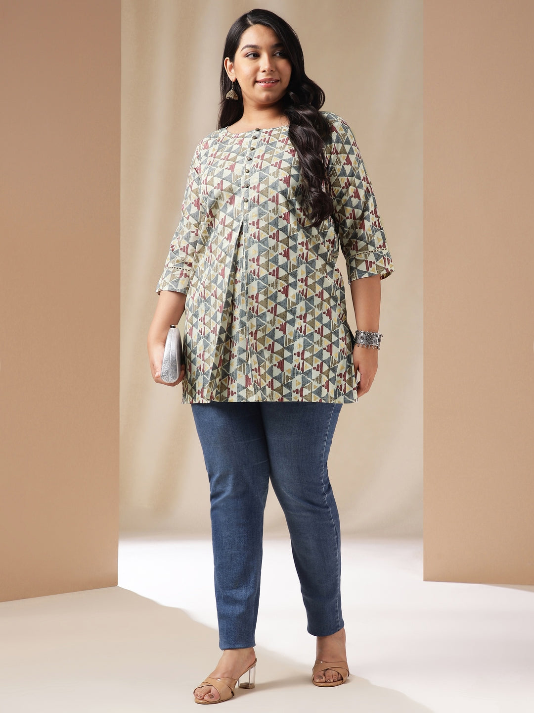 Janasya Regular Cambric Off White Gemometric Round Neck Tunic | Grocsy