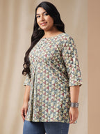 Janasya Regular Cambric Off White Gemometric Round Neck Tunic | Grocsy
