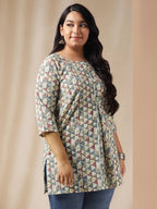 Janasya Regular Cambric Off White Gemometric Round Neck Tunic | Grocsy