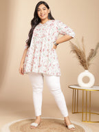 Janasya A-Line Cambric White Floral V-Neck Tunic | Grocsy