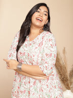 Janasya A-Line Cambric White Floral V-Neck Tunic | Grocsy