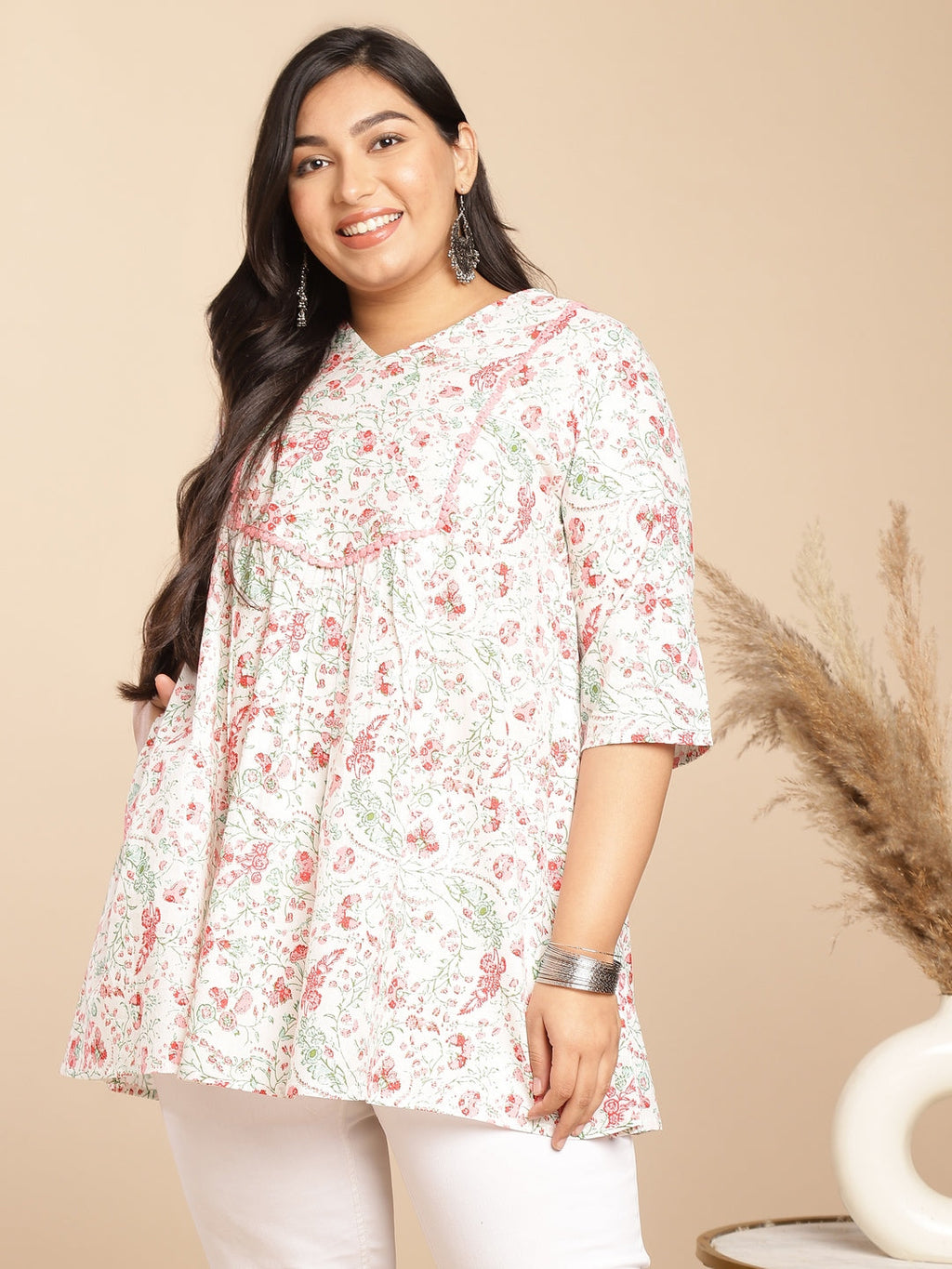 Janasya A-Line Cambric White Floral V-Neck Tunic | Grocsy
