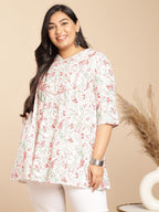 Janasya A-Line Cambric White Floral V-Neck Tunic | Grocsy
